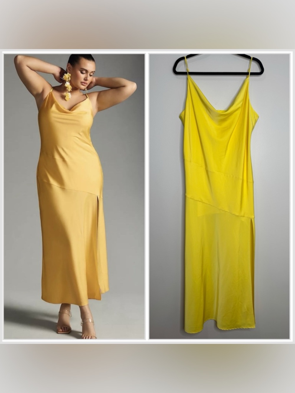 Mare Mare x Anthropologie Yellow Satin Cowl Slim Spaghetti Strap Maxi Dress 1X